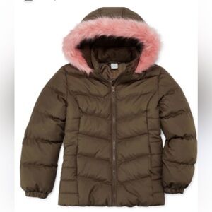 Arizona Jean Company Olive Green Puffer Jacket with Pink Faux Fur Trim